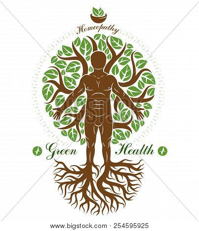 Vector Graphic Illustration Of Strong Male Depicted As Continuation Of Tree And Composed With Mortar