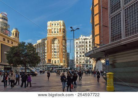 Madrid, Spain - January 23, 2018: Sunset View Of Walking People At Callao Square (plaza Del Callao) 