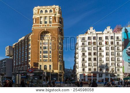 Madrid, Spain - January 23, 2018: Sunset View Of Walking People At Callao Square (plaza Del Callao) 