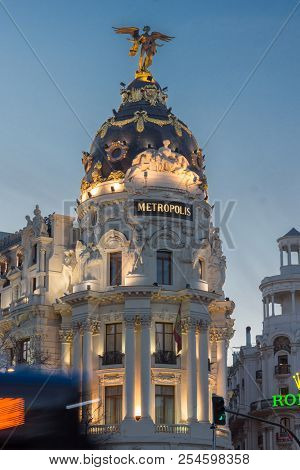 Madrid, Spain - January 23, 2018:  Sunset View Of Gran Via And Metropolis Building (edificio Metropo