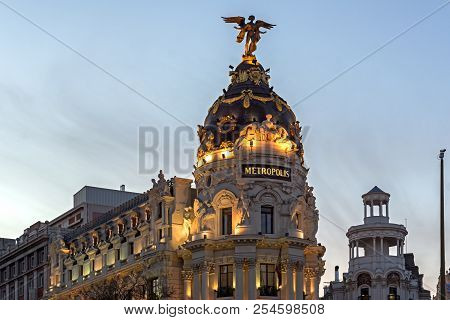 Madrid, Spain - January 23, 2018:  Sunset View Of Gran Via And Metropolis Building (edificio Metropo