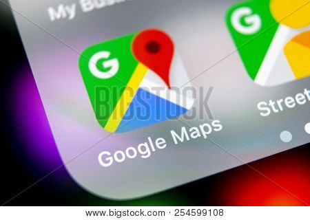 Sankt-petersburg, Russia, August 16, 2018: Google Maps Application Icon On Apple Iphone X Screen Clo
