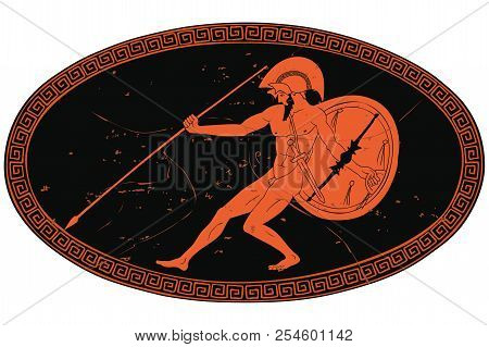 Ancient Greek Warrior With A Spear And Shield In His Hands. Figure With An Inscription Hector, In An