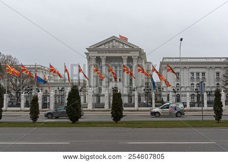 Skopje, Republic Of Macedonia - February 24, 2018:  Building Of Government Of The Republic Of Macedo