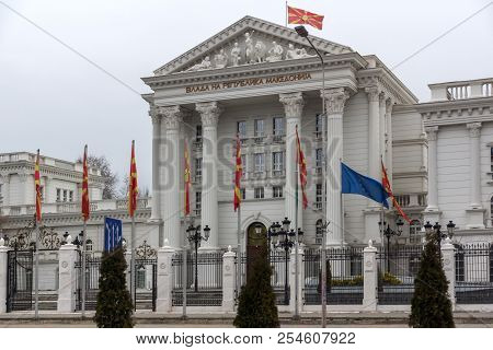 Skopje, Republic Of Macedonia - February 24, 2018:  Building Of Government Of The Republic Of Macedo
