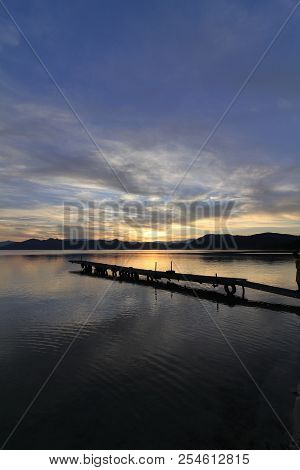 Tazawa Lake And Pier In Senboku, Akita, Japan (evening Scene)