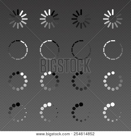 Isolated Loading, Preloader Icon Set Of Black, White And Transparency On Gradient Grid Background, V
