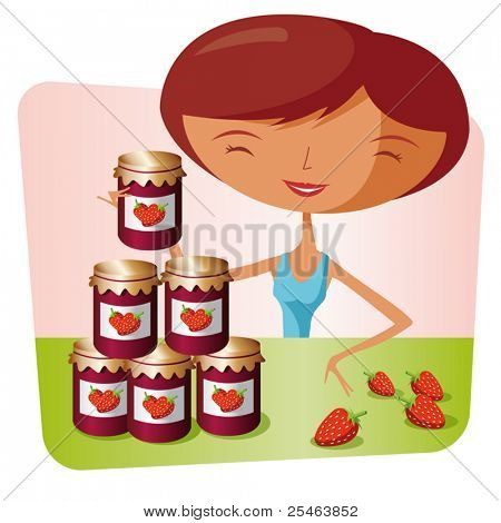 Femme faisant la confiture de fraises