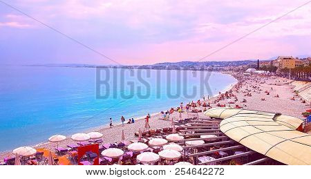 View Of Nice City, Beach At Sunset, Promenade Des Anglais, Cote D'azur, French Riviera, Mediterranea