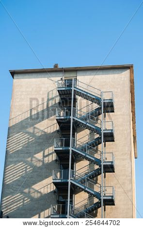 Five-storey Of Metal Safety Stairs Outside The Building