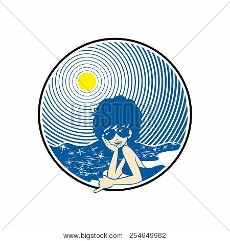 Vector Illustration Of Beautiful Blond Girl In Blue Swimsuit Lying On Sand