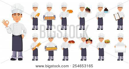 Handsome Baker In Professional Uniform And Chef Hat, Set Of Thirteen Poses. Cheerful Cartoon Charact