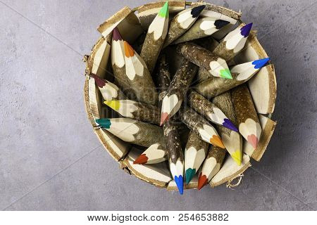 Back To School And Education Banner With Colorful Pencils, Frame Of Multicolored Pencil On Grey Back