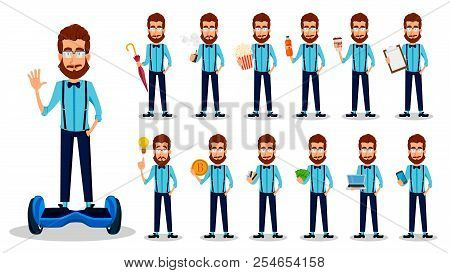 Young Bearded Hipster Man In Glasses. Handsome Cartoon Character, Set Of Thirteen Poses. Vector Illu