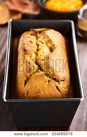 Fresh Homemade Pumpkin Bread In Pan (selective Focus, Focus One Third Into The Bread)