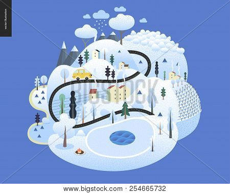 Magical Winter Landscape - Snowed Up Island With Hills, Roads, Cars, Houses And Snow-covered Trees, 