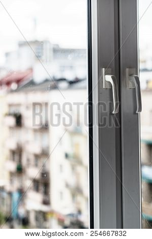 Detailed Close Up Of Dirty Window Frame Made Of Plastic And Hadle.