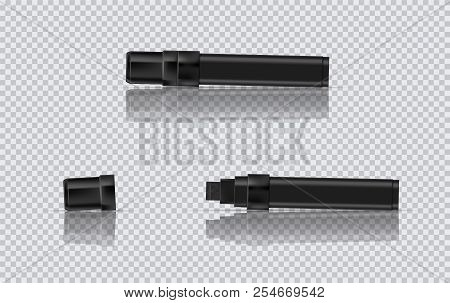 Black Marker Realistic Vector Illustration. Broad Marker With Reflection And Shadow On Transparent B