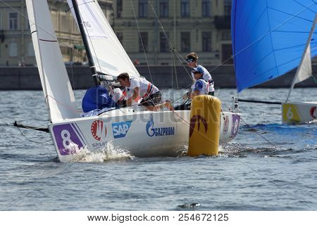 ST. PETERSBURG, RUSSIA - AUGUST 3, 2018: Team Tonsberg Seilforening from Norway compete in Semifinal 2 of Sailing Champions League. 25 sailing teams participate in the competitions
