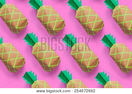 Penapples Made Of Paper Pattern On Pink Pastel Background.