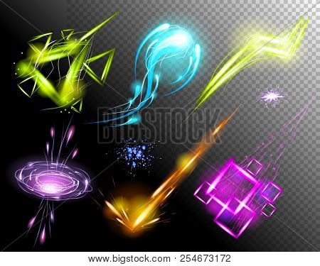  Glowing Light Effect set. Sparkling Efect Design Element Collection. Stars, Planet, Comet, Galaxy, Asteroid isolated on black Background. Illustration