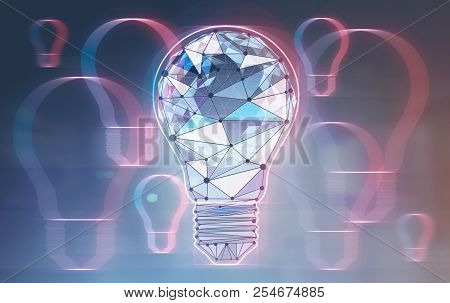 Large Glowing Polygonal Light Bulb Over Blurred Background With Neon Light Bulbs. Concept Of A Brigh