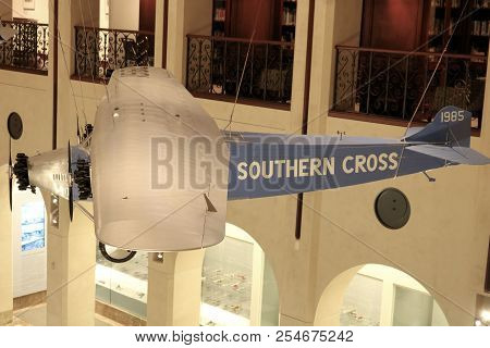 August 14, 2018 In San Francisco, Ca:  Vintage Southern Cross Model Airplane Hanging From The Ceilin