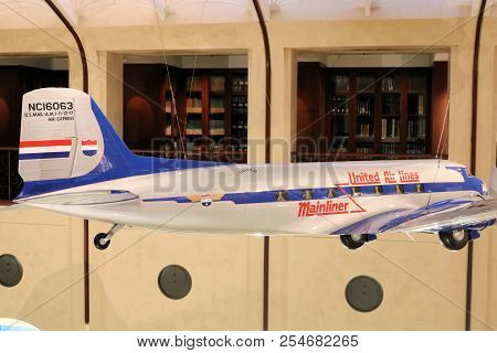 August 14, 2018 In San Francisco, Ca:  A Vintage Dc3 Model Airliner Aircraft Hanging From The Ceilin