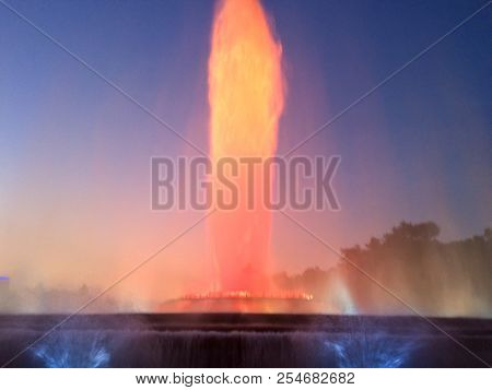 Colorful Fountain, Musical Show Of A Colorful Fountain In Barcelona