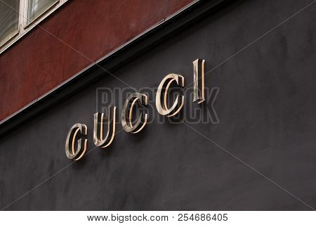 Copenhagen, Denmark - August 17: The Sign Of Gucci At Gucci On Store. Gucci Is An Italian Fashion An