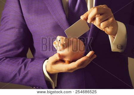 Hands Putting Blank Business Card In Piggy Bank For Saving On Grey Background. Stylish Formal Blue S