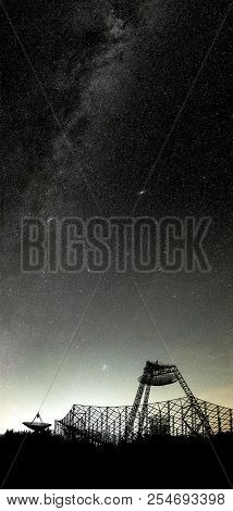 Group Of Antennas Of The Station Of Exploration Of An Ionosphere. A Silhouette Against The Backgroun