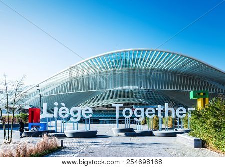 LIEGE, BELGIUM - February 24, 2018: famous architecture railway station Liege-Guillemins