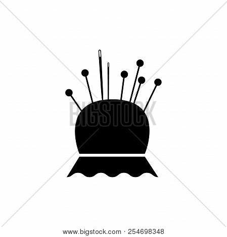 Pincushion And Sewing Needles And Pins Retro Style Icon. Black Pin Cushion Vintage Symbol.