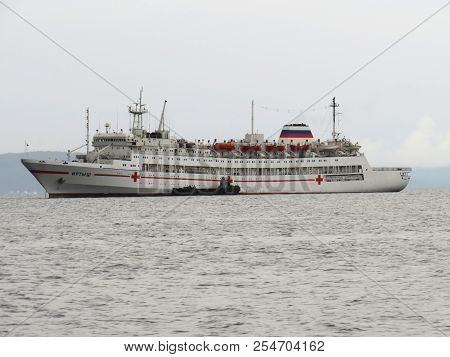 Vladivostok.Primorsky kray / Russia - August 20 2018:Russian naval marine hospital ship Irtysh anchored at roadstead of Vladivostok