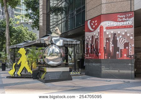 Singapore  - August 11, 2018: National Day Sign Next To A Resturant
