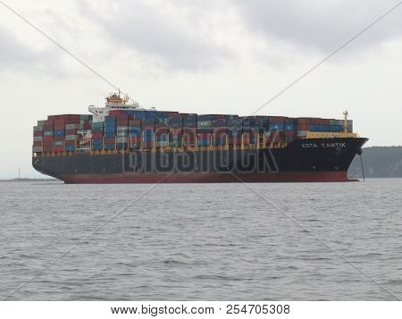 Vladivostok.Primorsky kray / Russia - August 20 2018:Huge container ship Kota Cantik at anchor near Vladivostok