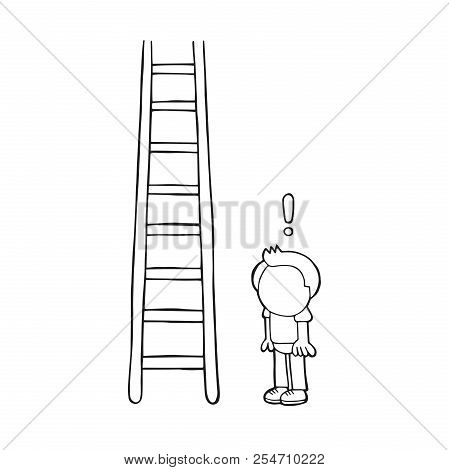 Vector Hand-drawn Cartoon Illustration Of Man Looking Wooden Ladder With Exclamation Mark.