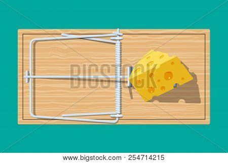 Wooden Mouse Trap With Cheese, Classical Spring Loaded Bar Trap. Top View. Vector Illustration In Fl