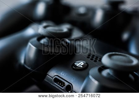 Khakiv, Ukraine - 02 May 2018: Close-up of black video games PlayStation gaming controller