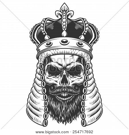 Skull In The Judge Wig And Crown. Vector Illustration