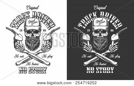 Trucker Emblem With Skull In Monochrome. Vector Illustration