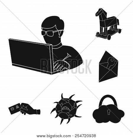 Hacker And Hacking Black Icons In Set Collection For Design. Hacker And Equipment Vector Symbol Stoc
