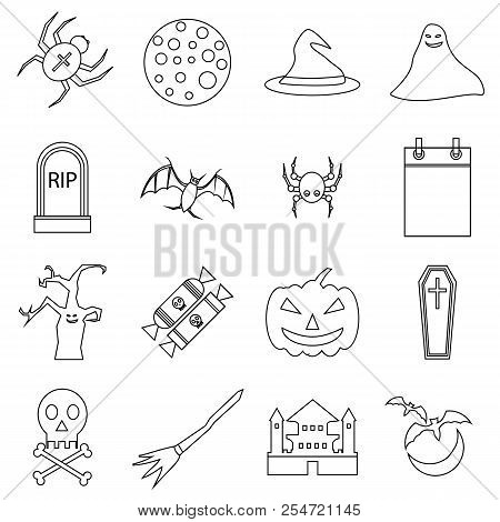 Haloween Icons Set. Outline Illustration Of 16 Haloween Icons For Web