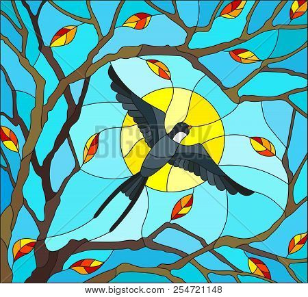 Illustration In Stained Glass Style On The Theme Of Autumn, The Swallow Flying On The Background Of 