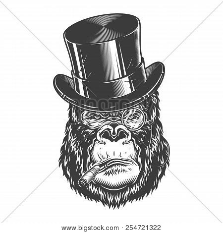 Gorilla Head In Monochrome Style In Gentelmen Hat. Vector Illustration