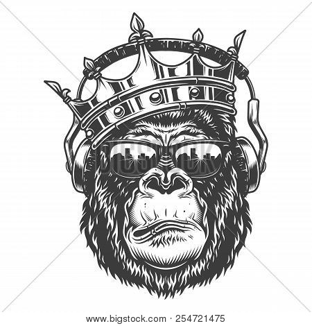 Gorilla Head In Monochrome Style Crown And Glasses Headphones Vector Illustration