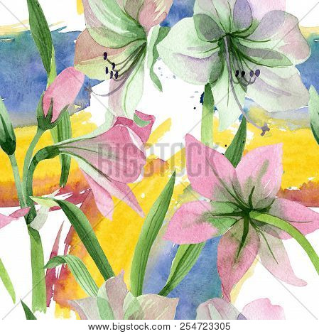 Watercolor Pink Amarylis Flower. Floral Botanical Flower. Seamless Background Pattern.