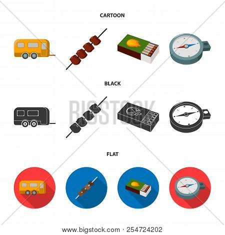 Trailer, Shish Kebab, Matches, Compass. Camping Set Collection Icons In Cartoon, Black, Flat Style V