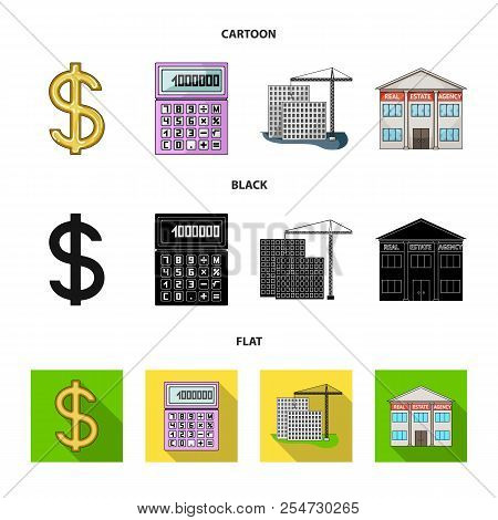 Calculator, Dollar Sign, New Building, Real Estate Offices. Realtor Set Collection Icons In Cartoon,